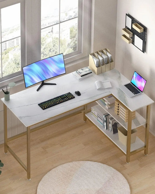 L-shaped computer desk - a home office desk with shelves, a gaming desk corner table, used for work, writing, and study