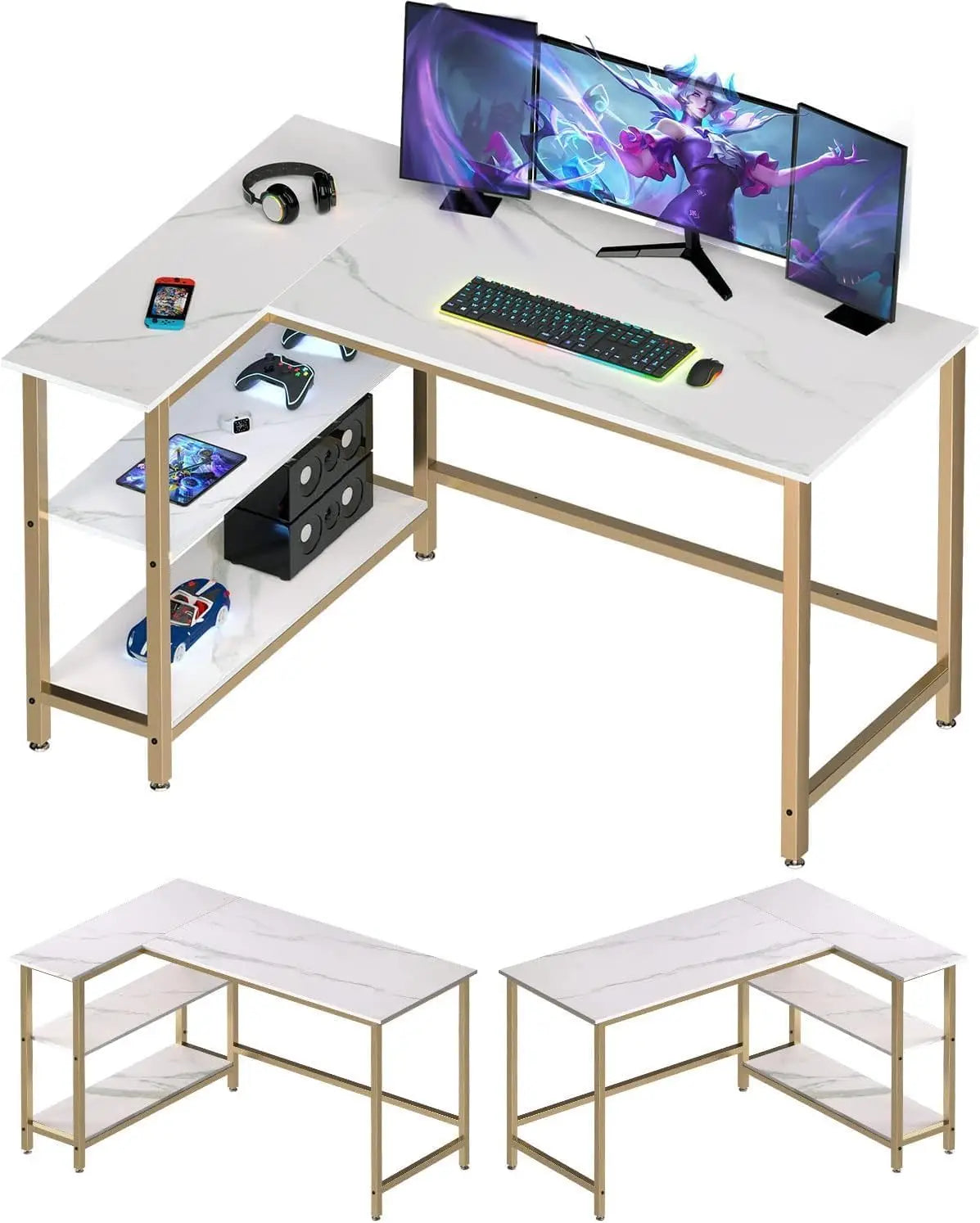 L-shaped computer desk - a home office desk with shelves, a gaming desk corner table, used for work, writing, and study