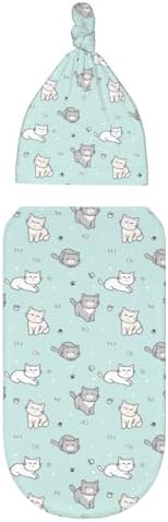 Cute Cartoon Cat Swaddle Blanket and Hat Set for Newborns