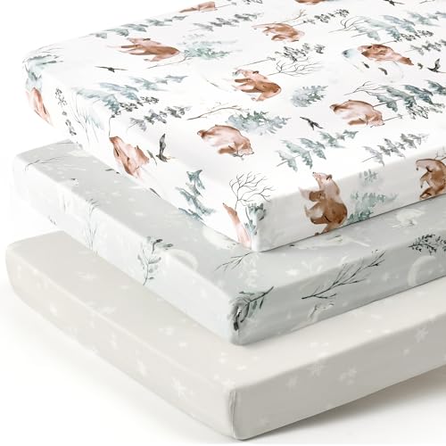 GRSSDER 3-Pack Stretchy Ultra Soft Crib Sheets with Bear and Wolf Print