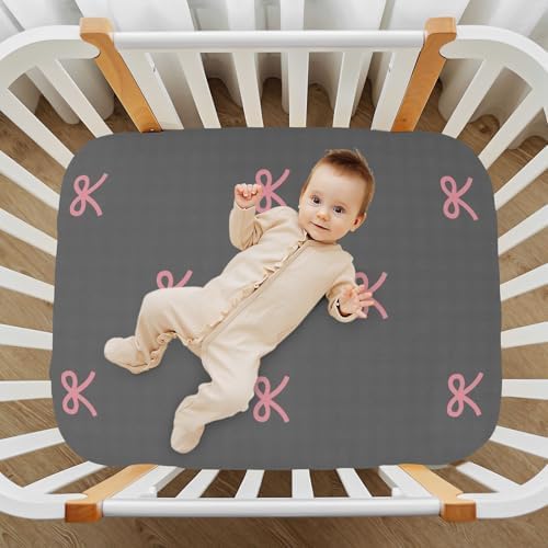 KICPOAY Fitted Crib Sheets with Grey Checkered and Pink Bows