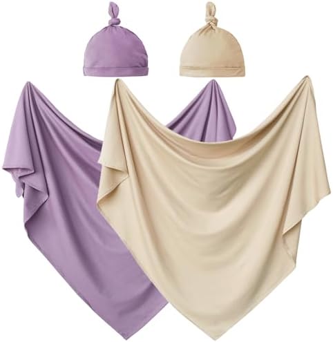 OWLOWLA 2Pack Newborn Swaddle Blanket with Hat Set for Baby