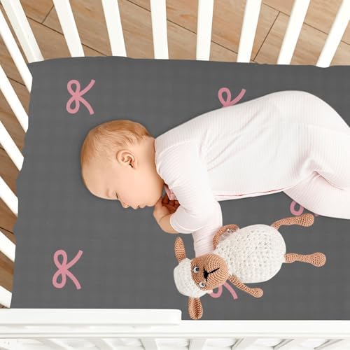 KICPOAY Fitted Crib Sheets with Grey Checkered and Pink Bows