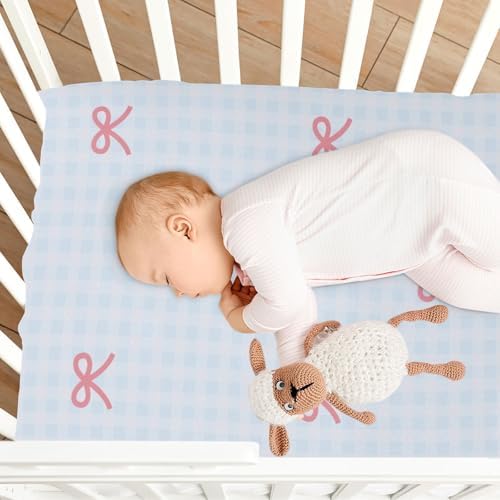 KICPOAY Fitted Crib Sheets with Blue Checkered and Pink Bows