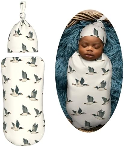 Muishi Cartoon Mallard Duck Flying Swaddle Blanket and Hat Set