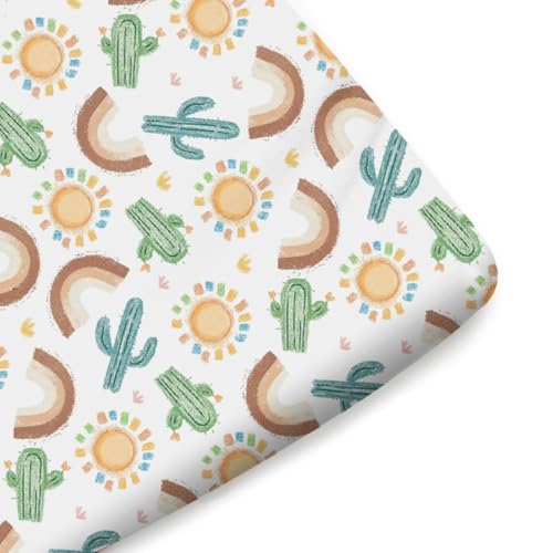 KASTLEE Boho Western Desert Fitted Crib Sheet Green Cactus Rainbow