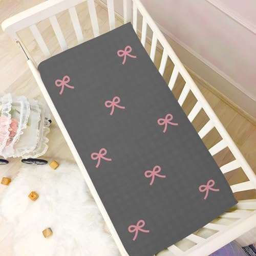 KICPOAY Fitted Crib Sheets with Grey Checkered and Pink Bows