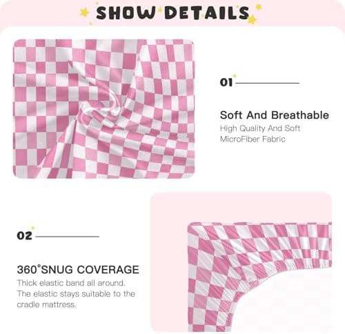 KICPOAY Light Pink Checkered Crib Sheets