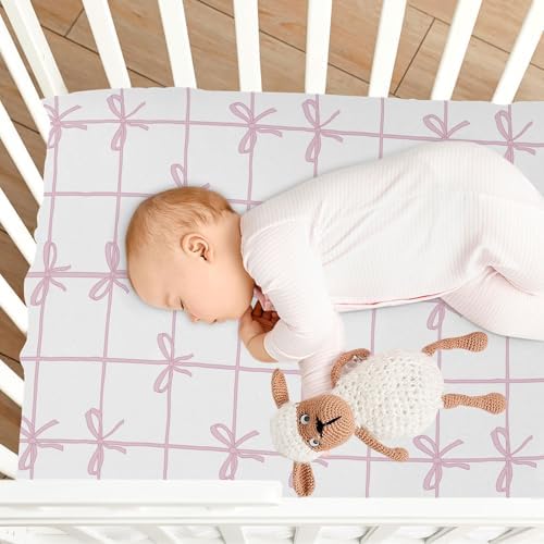 Pink Checkered Bow Ribbon Crib Sheets for Baby Toddler