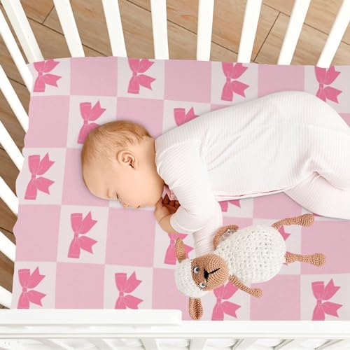 Y2K Checkered Crib Sheets with Pink Bows and Ribbons