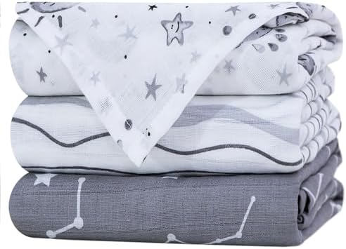 Little Grape Land Muslin Swaddle Blankets 47x47 3 Pack StarsGrey