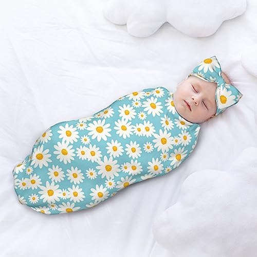 OLGCZM Baby Swaddle with Headband Set - Daisy Flower Blue