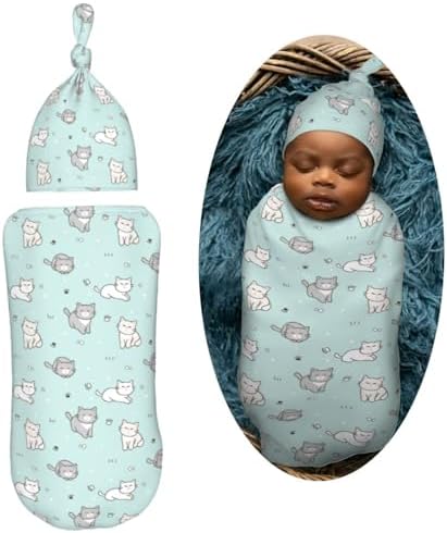 Cute Cartoon Cat Swaddle Blanket and Hat Set for Newborns