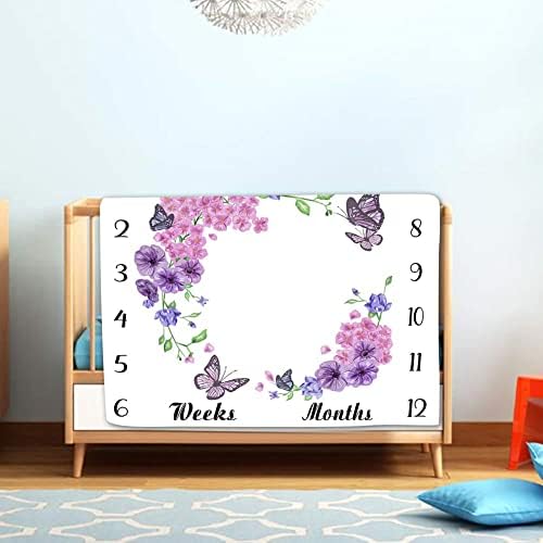 Baby Monthly Milestone Blanket - Purple Floral Butterfly 48x40 Inch
