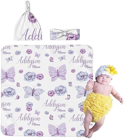 Personalized Newborn Swaddle Blanket with Beanie Hat Set