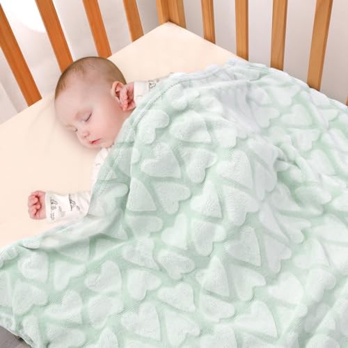 Bertte Plush Baby Blanket Green Hearts Embossed