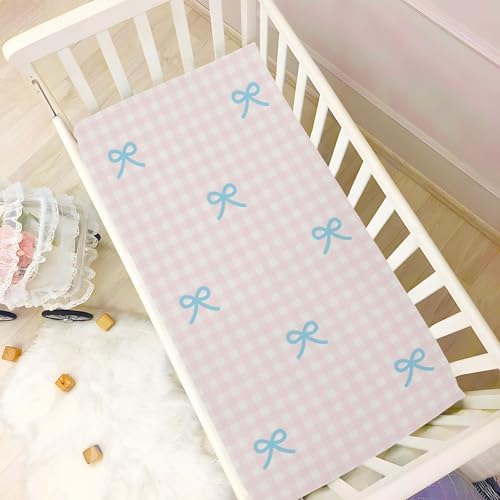 Pink Checkered Blue Crib Sheets for Baby Toddler