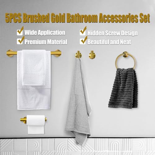 AttoShow 5PCS Brushed Gold Towel Bar Set