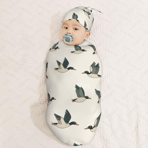 Muishi Cartoon Mallard Duck Flying Swaddle Blanket and Hat Set