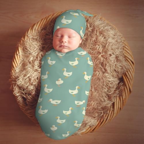 Muishi Kawaii White Goose Swaddle Blanket Beanie Set