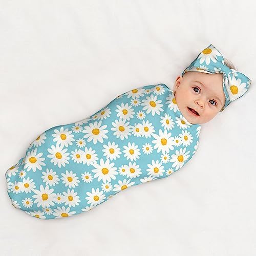OLGCZM Baby Swaddle with Headband Set - Daisy Flower Blue