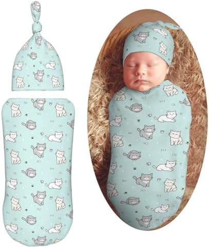 Cute Cartoon Cat Swaddle Blanket and Hat Set for Newborns