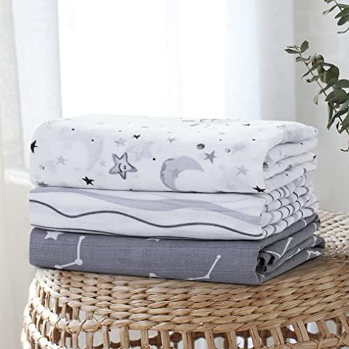 Little Grape Land Muslin Swaddle Blankets 47x47 3 Pack StarsGrey