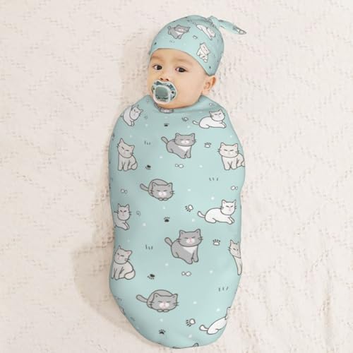Cute Cartoon Cat Swaddle Blanket and Hat Set for Newborns
