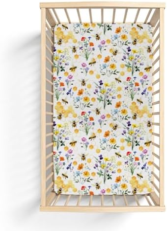 Boho Wildflower Bees Honeycomb Crib Sheet 52x28Inch