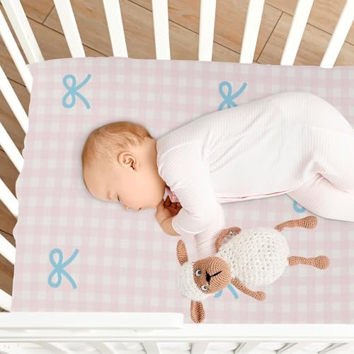 Pink Checkered Blue Crib Sheets for Baby Toddler