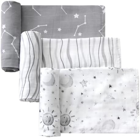 Little Grape Land Muslin Swaddle Blankets 47x47 3 Pack StarsGrey