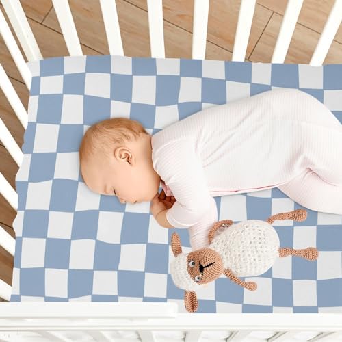 VIGTRO Blue and White Check Crib Sheets for Boys Girls