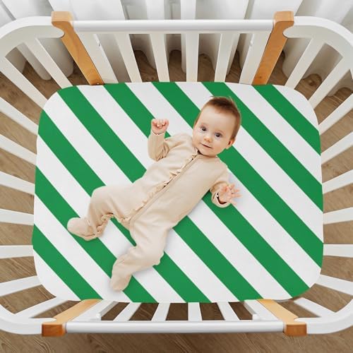 KICPOAY Green White Diagonal Crib Sheets Stretchy Playard Sheets 52x28in for Baby