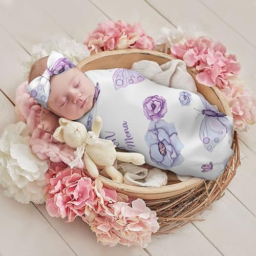 Personalized Newborn Swaddle Blanket with Beanie Hat Set
