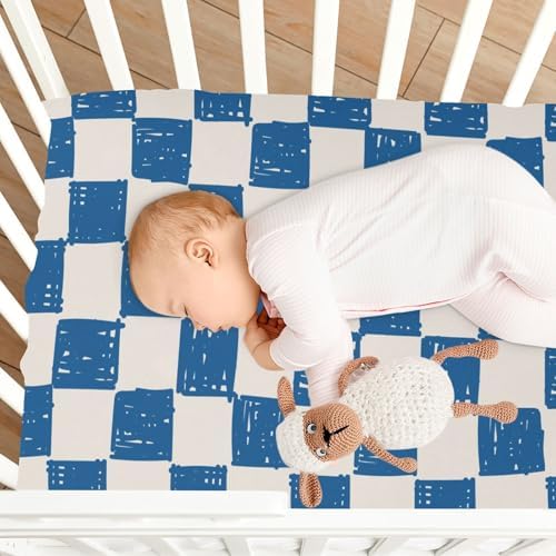 KICPOAY Fitted Crib Sheet Light Blue Checkerboard Doodle Stretchy