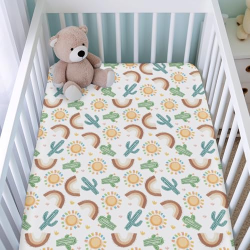 KASTLEE Boho Western Desert Fitted Crib Sheet Green Cactus Rainbow