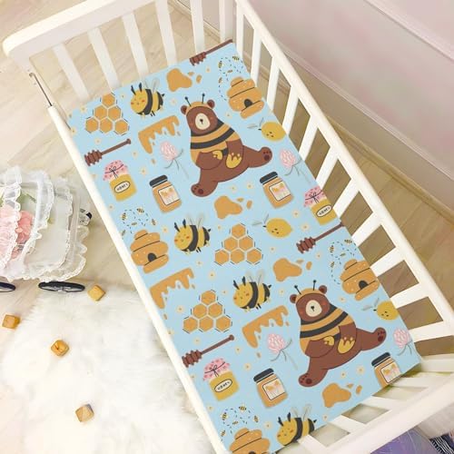 KICPOAY Fitted Crib Sheets with Bees and Bear Pattern