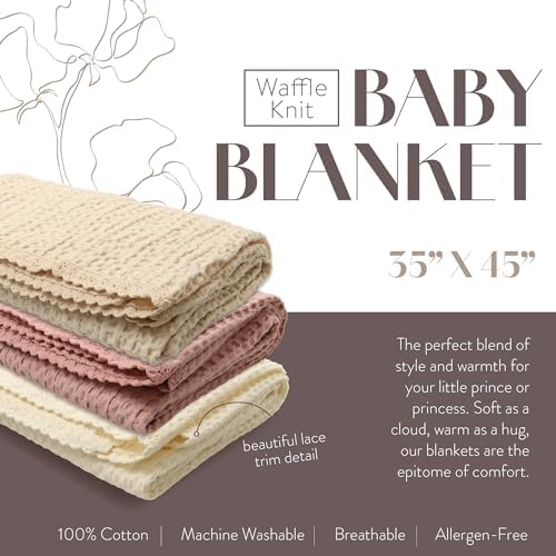 Woven Waffle Baby Blanket with Lace Trim - 100 Cotton Swaddle
