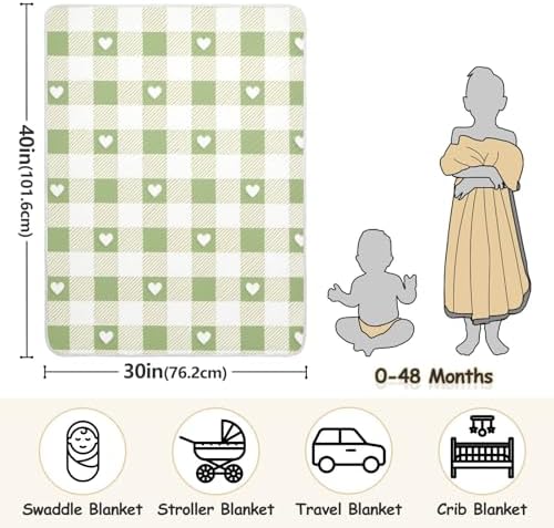 Sanluoli Swaddling Blanket with Satin Trim 30x40in Grey-Green Love Check