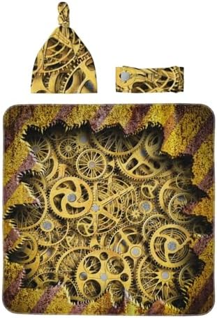 Cool Steampunk Gears Swaddle Blanket Set with Headband and Beanie Hat 1