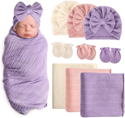 AQOKKA Newborn Swaddle Blanket with Bow Hat Set