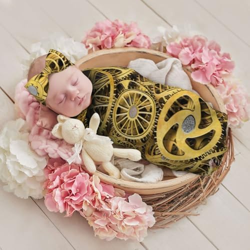 Cool Steampunk Gears Swaddle Blanket Set with Headband and Beanie Hat 1