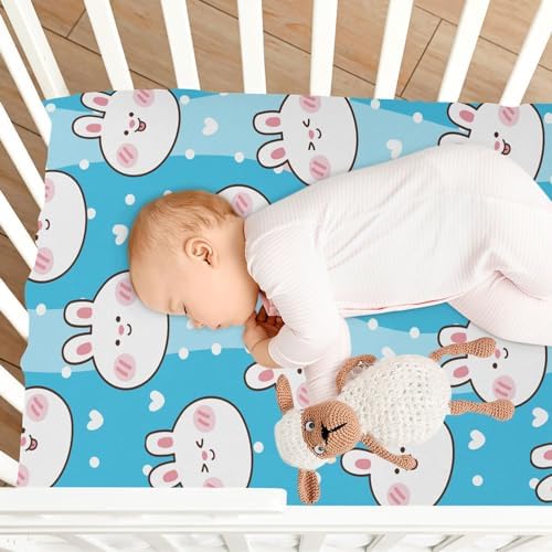 Cute Rabbit Face and Hearts Blue Crib Sheets for Baby