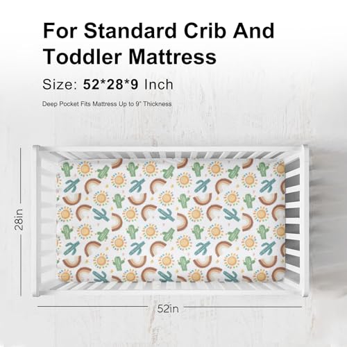 KASTLEE Boho Western Desert Fitted Crib Sheet Green Cactus Rainbow