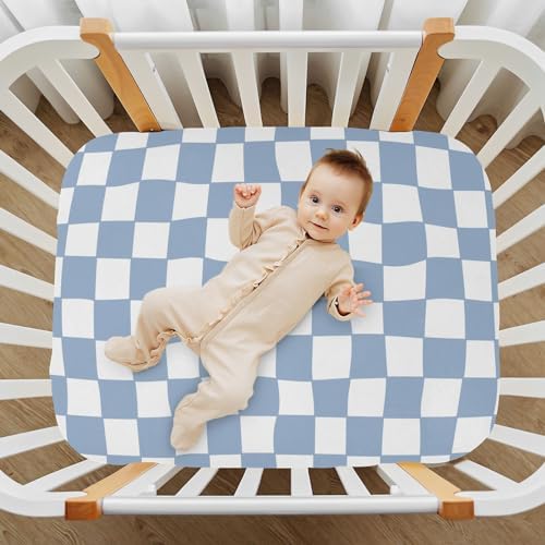VIGTRO Blue and White Check Crib Sheets for Boys Girls