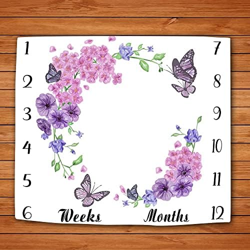 Baby Monthly Milestone Blanket - Purple Floral Butterfly 48x40 Inch