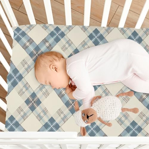 Wassud Pastel Blue Plaid Crib Sheets Set for Boys and Girls