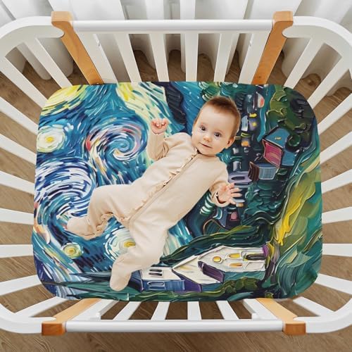 Joisal Oil Painting Starry Night Crib Fitted Sheet