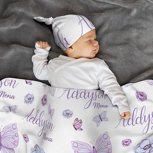 Personalized Newborn Swaddle Blanket with Beanie Hat Set
