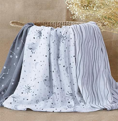 Little Grape Land Muslin Swaddle Blankets 47x47 3 Pack StarsGrey
